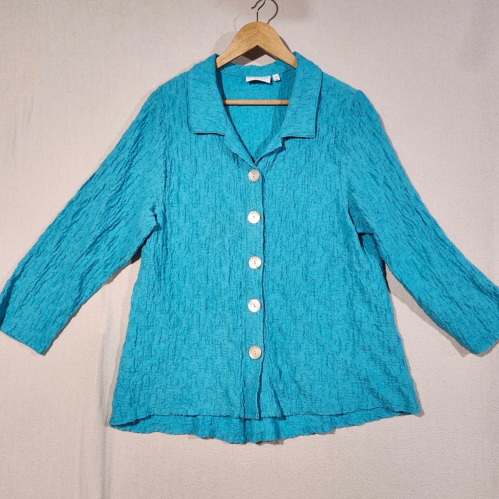 Habitat Turquoise Blue Crinkle Textured Button Front Shirt Women XL Coastal